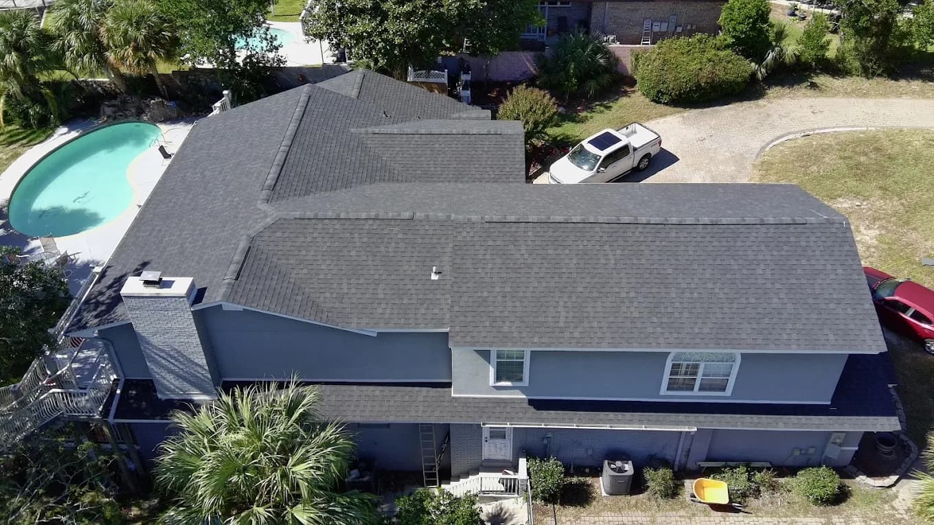 Aerial view of a completed architectural shingle roof, Northwest Florida
